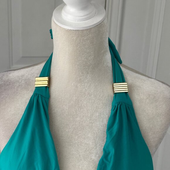 Bar III Turquoise One-Piece Monokini Swimsuit M Cowl Neck Cutout Gold Hardware - Picture 5 of 14